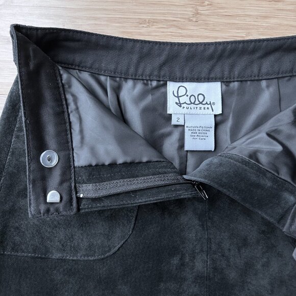 Vintage 90s Lilly Pulitzer 100% Suede Black A-Line Mini Skirt 2 | Luxe Essential - Picture 6 of 11
